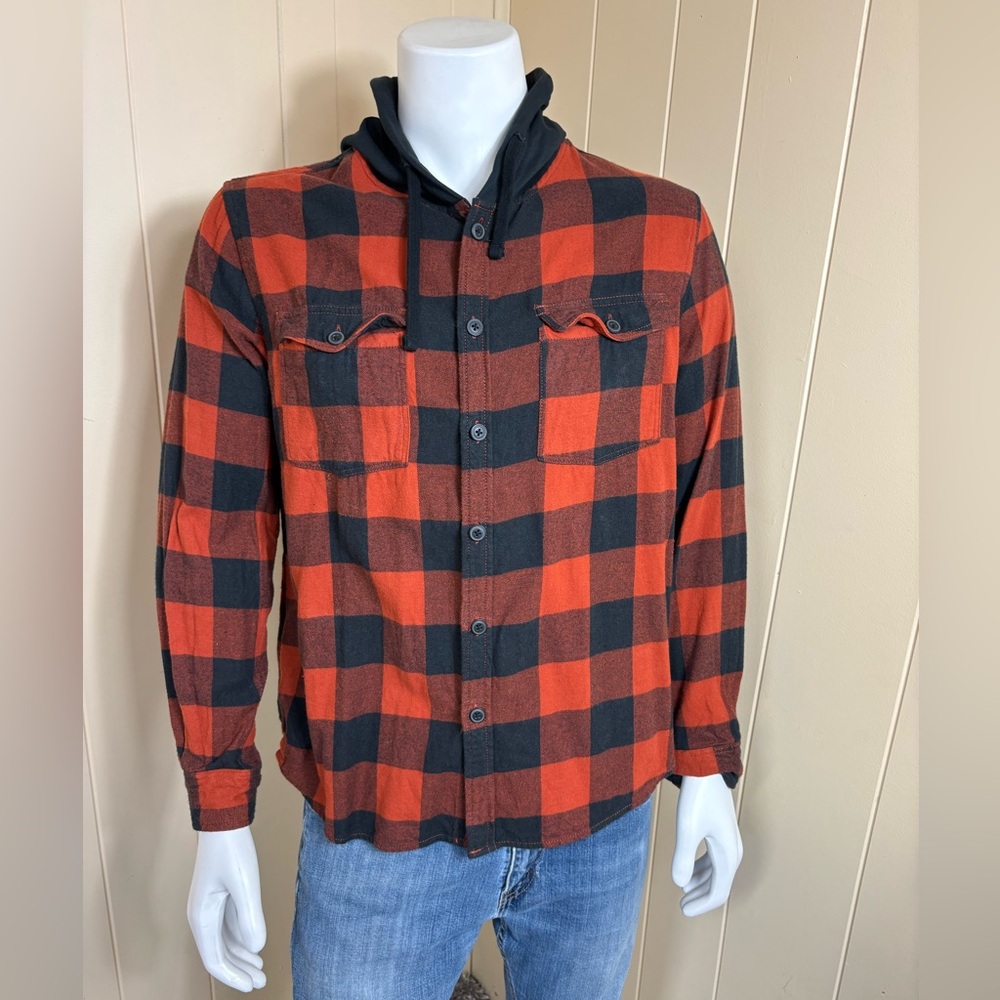Cactus Man Hooded Flannel Shirt Orange Black Plaid Mens size XL Button Front